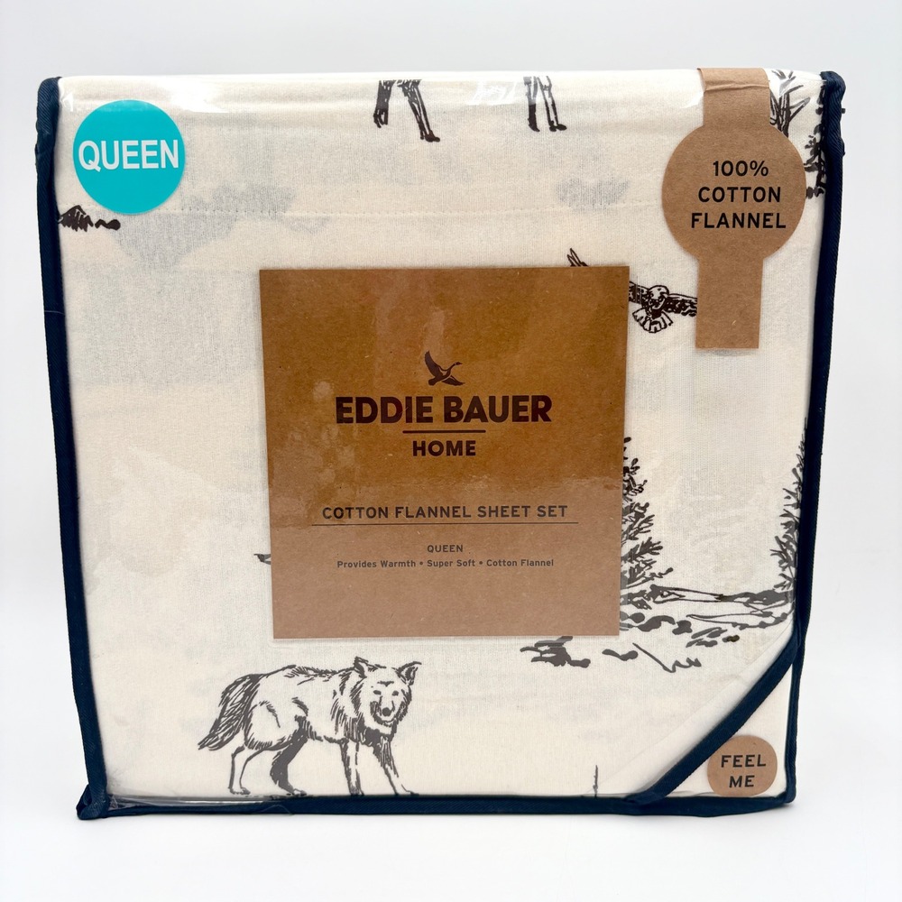 Eddie‎ Bauer Home Queen Cotton Flannel Sheet Set Winterscape Brigade Woodland